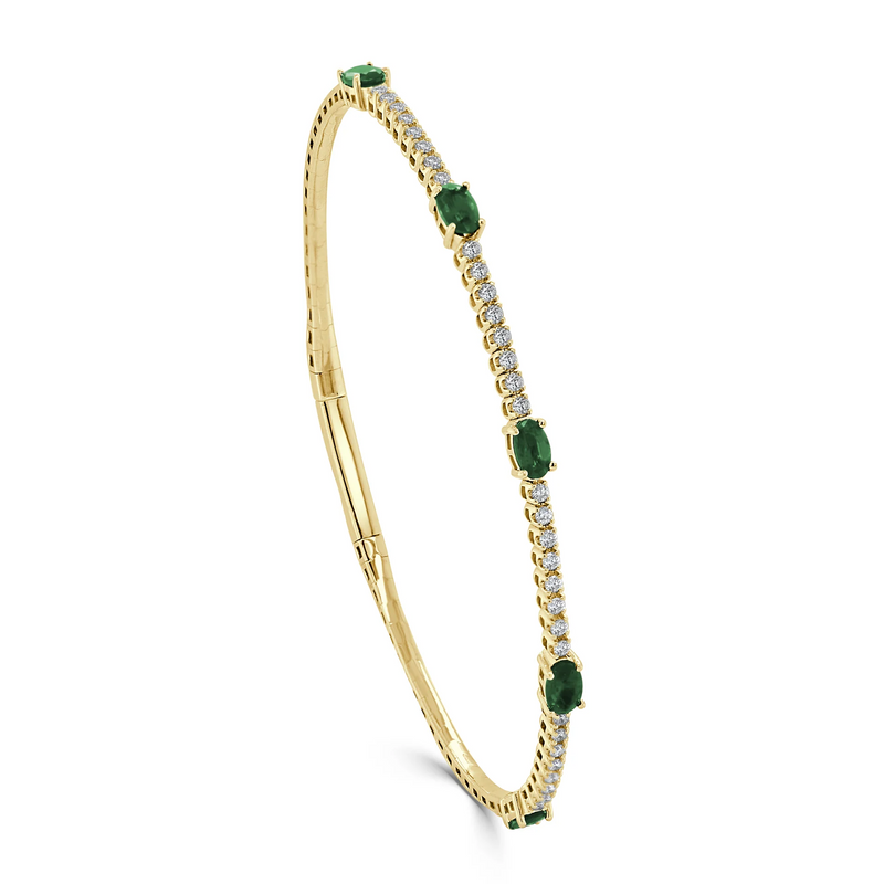 Oval Emerald & Diamond Flexible Bangle in 14KYellow Gold