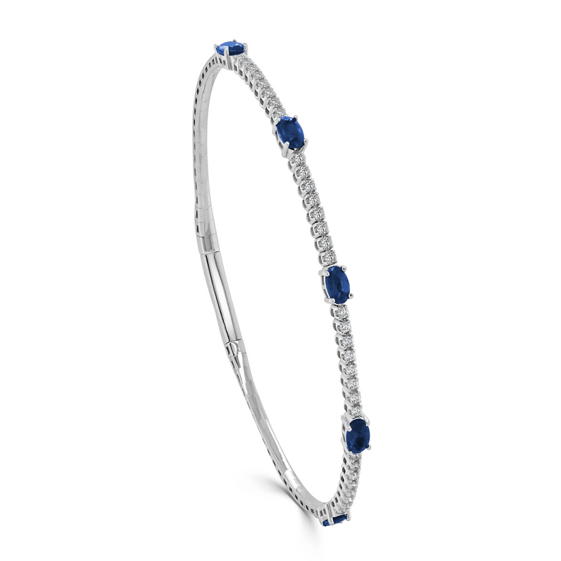 Oval Sapphire & Diamond Flexible Bangle in 14K White Gold