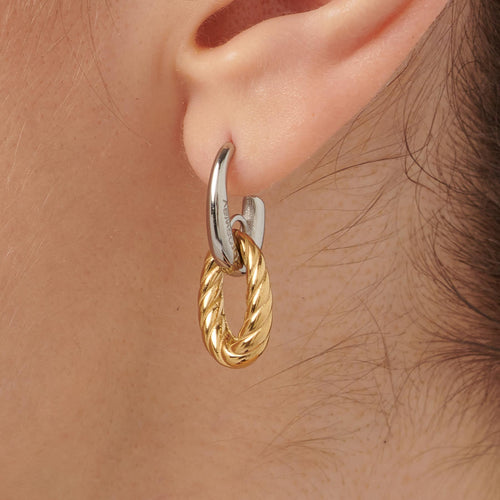 Rope Drop Hoop Earrings in Two Tone Stainless Steel