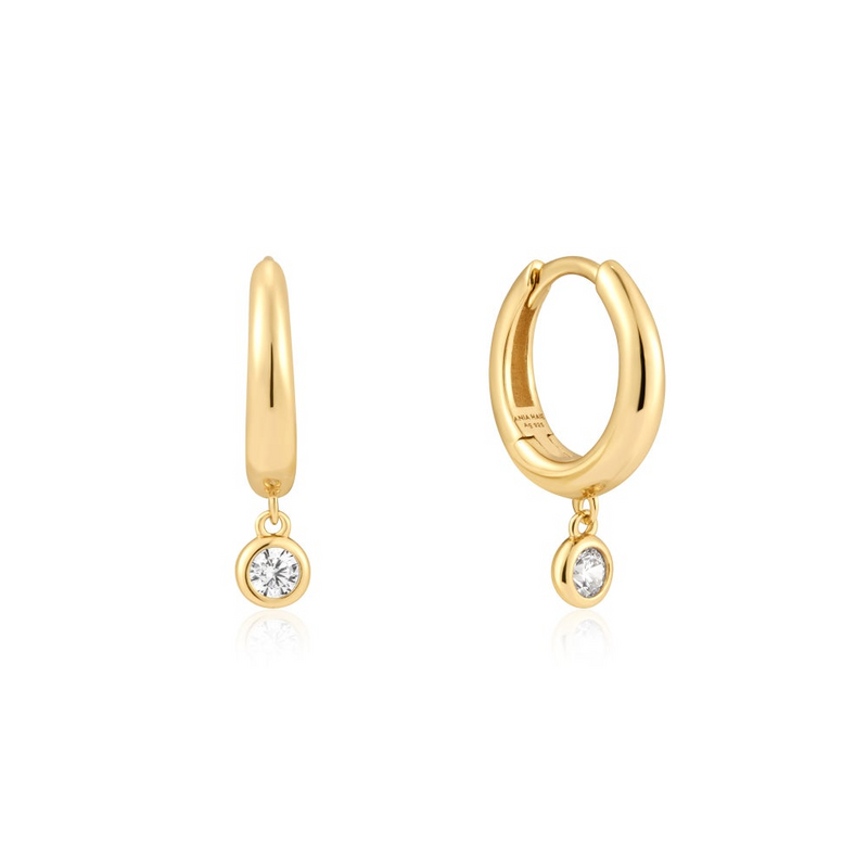 Bezel Drop Hoop Earrings in Gold Plated Sterling Silver