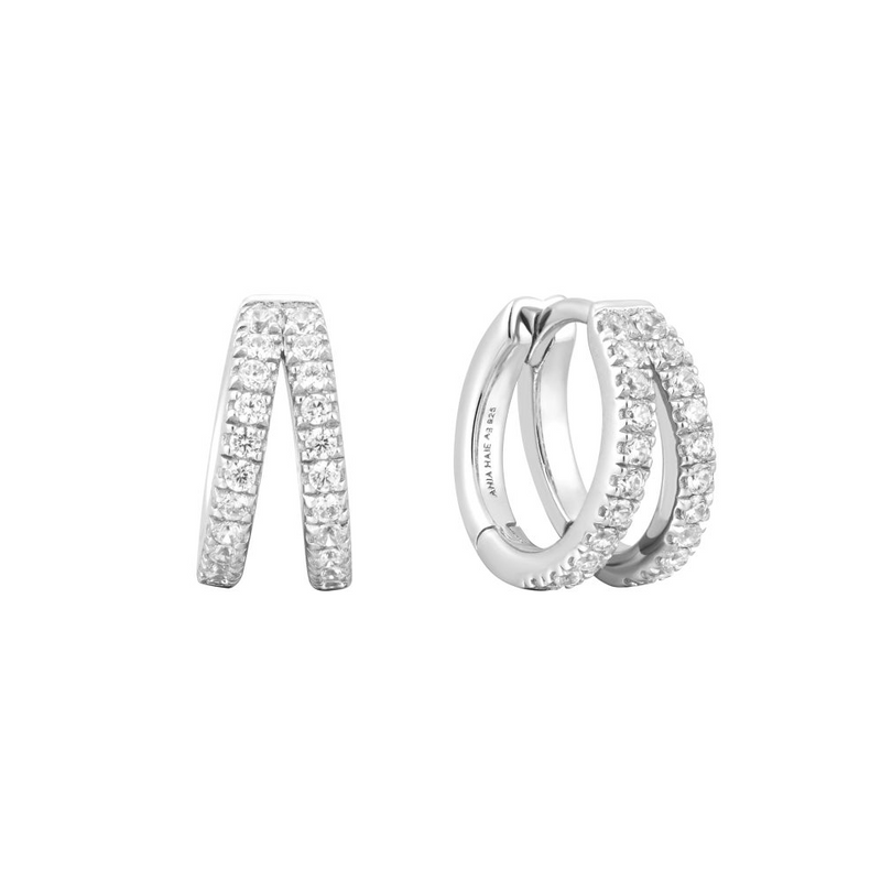 Double Pave Huggie Earrings in Sterling Silver