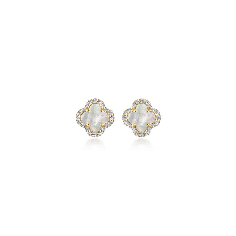 Simulated Diamond & Mother of Pearl Clover Earrings in Gold Plated Sterling Silver