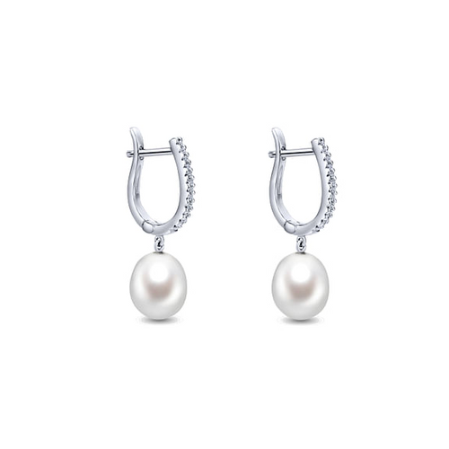 Diamond and Pearl Drop Earrings in 14K White Gold