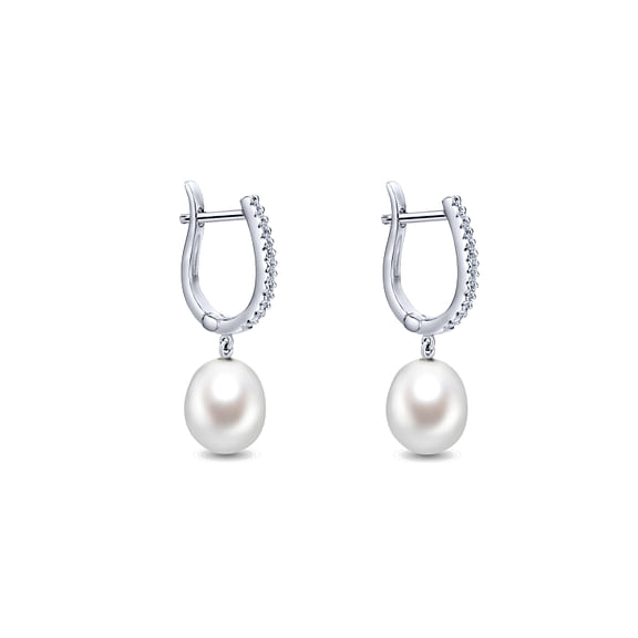 Diamond and Pearl Drop Earrings in 14K White Gold