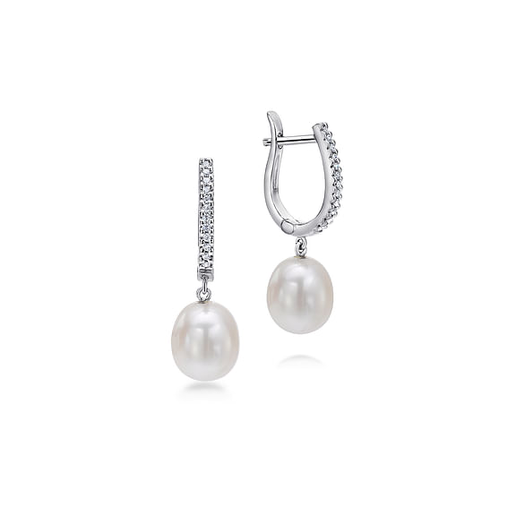 Diamond and Pearl Drop Earrings in 14K White Gold