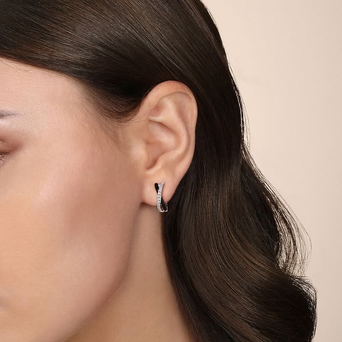 Black Enamel & White Sapphire Hoops in Sterling Silver