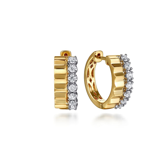 Diamond and Faceted Double-Row Huggie Earrings in 14K Two Tone Gold