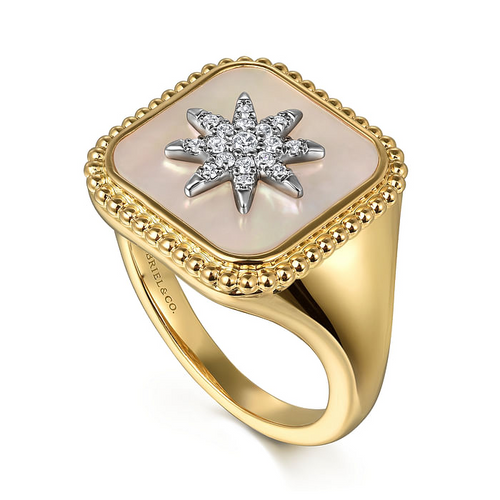 Mother of Pearl and Diamond Signet Ring in 14K Yellow Gold