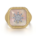 Mother of Pearl and Diamond Signet Ring in 14K Yellow Gold