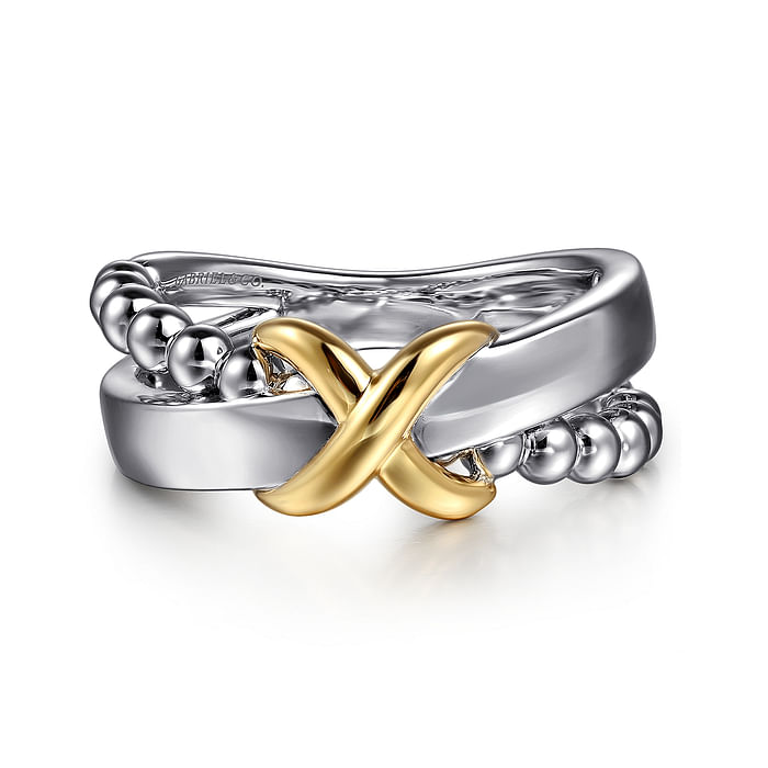 Cross-Over Ring in Sterling Silver & 14K Yellow Gold