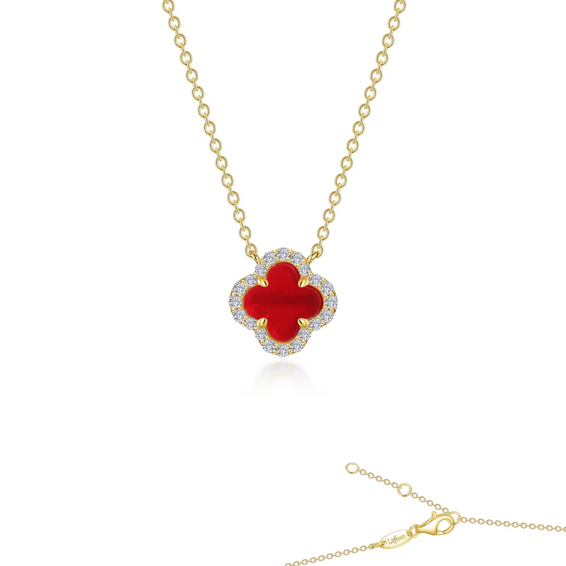 Simulated Diamond & Red Agate Clover Necklace in Gold Plated Sterling Silver