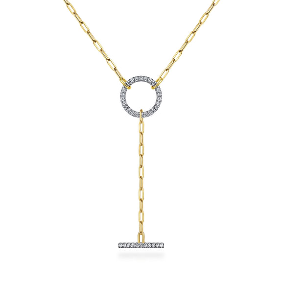 Diamond Circle and Bar Y-Knot Necklace in 14K Yellow Gold