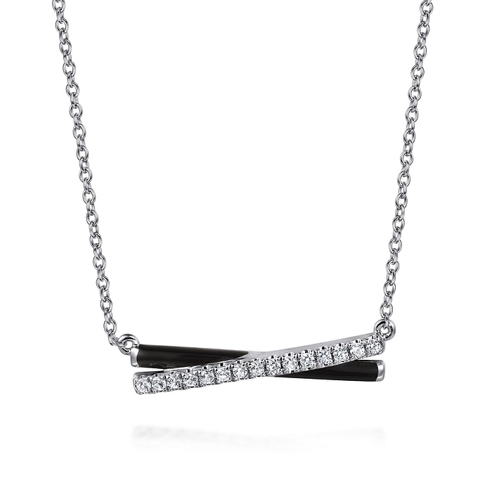 Black Enamel & White Sapphire X Necklace in Sterling Silver