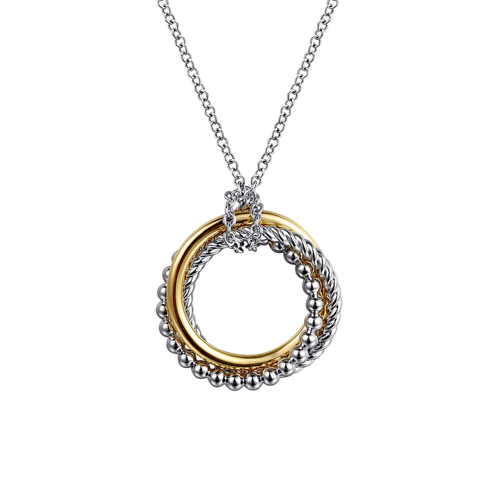 Twisted Rope Multi Circle Pendant Necklace in 14K Yellow Gold & Sterling SIlver